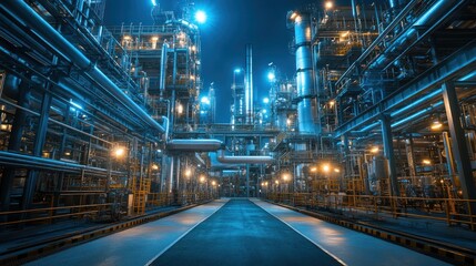 The Nichiton Era plant in a futuristic atmosphere with a high-tech structure arrangement Blue lights shine from inside