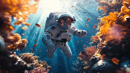 An astronaut floats through a vibrant coral reef, sunlight streaming down from above.