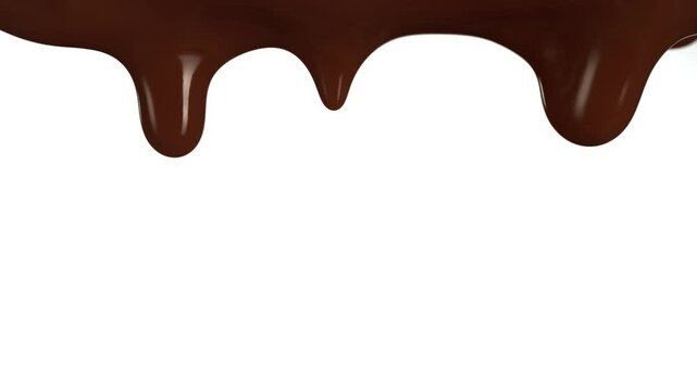 Super Slow Motion Detail Shot of Slowly Dripping Chocolate Isolated on White Background at 1000fps.