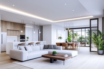Spacious open living area in a contemporary apartment with stylish decor and natural light.