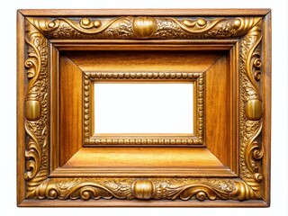 Elegant Macro Photography of Isolated Wood and Gold Frames on White Background for Art and Home Decor Displays