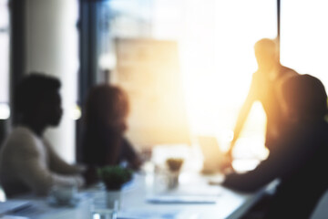 Business people, meeting and presentation with flare in office with info, review and feedback for...