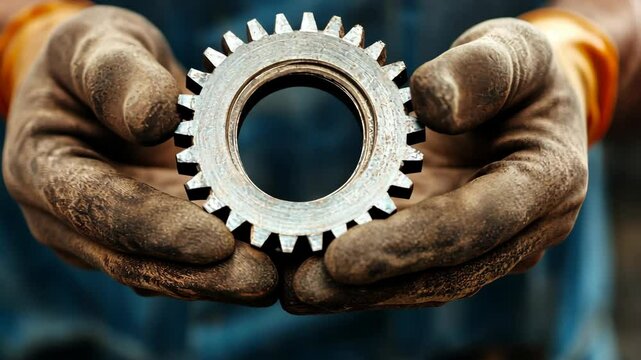 A pair of gloved hands hold a metal gear, likely from a machine or factory