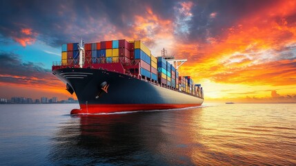 A large cargo ship sails smoothly on tranquil waters, surrounded by colorful clouds and a striking sunset. The scene captures the energy of maritime transport amid nature's beauty.