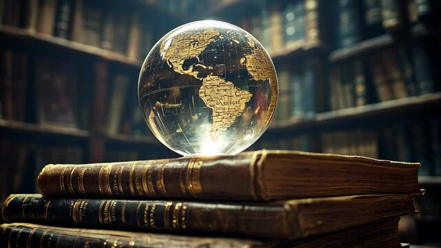 A glass globe sits on top of a stack of old books in a library