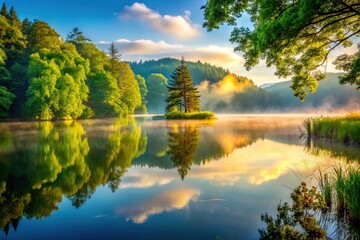 Obraz premium Serene mist shrouds the tranquil lake, a picture of peace.