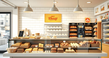 Bright realistic counter with cheeses and sausages.