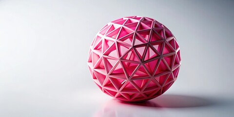 A Pink Geometric Sphere Constructed From Interlocking Triangles Casts a Gentle Shadow on a Smooth White Surface