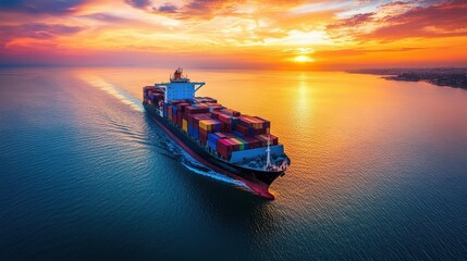 A large cargo ship sails smoothly on tranquil waters, surrounded by colorful clouds and a striking sunset. The scene captures the energy of maritime transport amid nature's beauty.