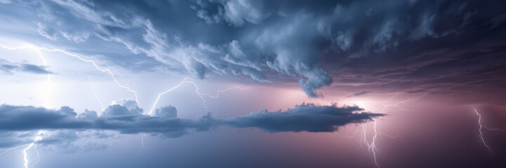 Obraz premium Lightning strikes through dark storm clouds in the evening sky