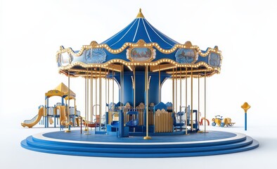 A vibrant blue carousel with golden accents featuring ornate decorations, swings, and a whimsical design, set against a clean, white background.