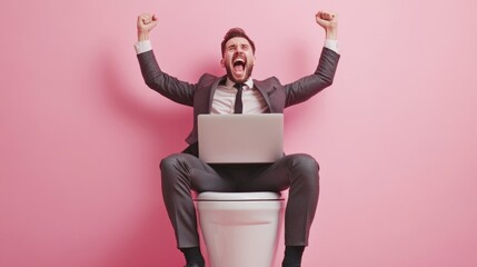 A person working on their laptop while seated on a toilet, useful for humorous or satirical contexts