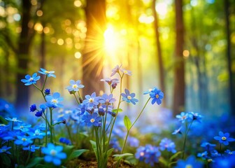 Obraz premium Enchanting Bokeh Effect of Blue Flowers in a Lush Forest, Capturing Nature's Beauty and Tranquility