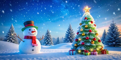 Fototapeta premium A frosty snowman beams beside a twinkling Christmas tree.