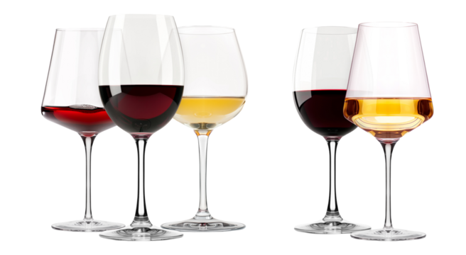 Collection of red and white wine glasses isolated on white transparent background. Rose wine splashing in glassware