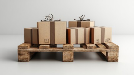 A pallet of five brown cardboard gift boxes tied with brown ribbon, two of the boxes are taller than the others.
