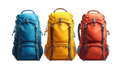 Set of three colorful hiking backpacks in teal, blue, red and yellow, isolated on transparent background, outdoor gear, travel essentials, camping equipment, adventure accessories, exploration bags