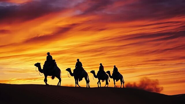 A group of people riding camels across a desert at sunset