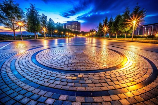 AI art: Circular paving road, low-light night urban scene.