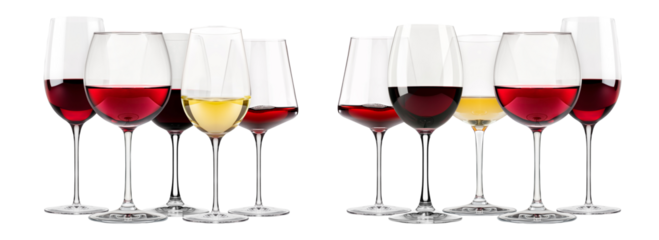 Collection of red and white wine glasses isolated on white transparent background. Rose wine splashing in glassware