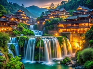 Fototapeta premium Enchanting Night at Wangcun Waterfall in Furong Ancient Town: A Candid Photography Experience with Illuminated Cascades and Lush Surroundings