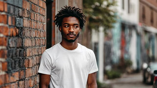 A man with dreadlocks leans against a brick wall in an urban setting