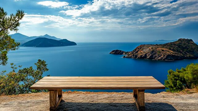 A wooden bench overlooking a beautiful blue sea with two islands in the distance on a sunny day