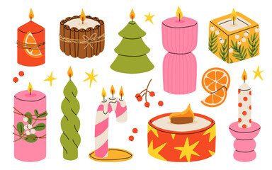 Christmas candles. Cartoon xmas decor burning candles, winter holidays wax candles with Christmas decorations, Noel home interior decor flat vector illustration set. Xmas candles collection