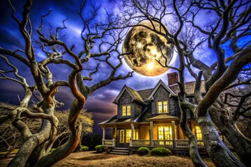 Enigmatic Haunted House Beneath a Moonlit Tree - Spooky Drone Photography of Eerie Architecture and Atmospheric Nightscape