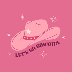 Pink cowgirl boots with ornament. Trendy phrase print, party poster Cowboy western and wild west theme. Hand drawn vector illustration