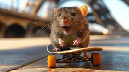 A small brown mouse rides a skateboard under a bridge, smiling with its mouth open.