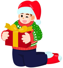 Winking boy wearing a Santa hat and a green sweater holding a red gift box