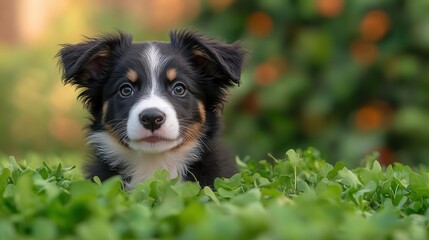 Fototapeta premium A playful puppy peeks through lush green grass, showcasing its curious nature and adorable features in a bright, sunlit setting.