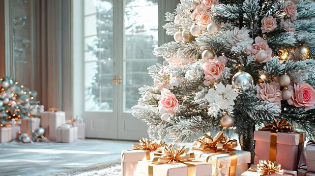 Experience the magic of a cozy Christmas setting featuring a beautifully adorned tree, twinkling lights, and neatly wrapped gifts in a charming living area