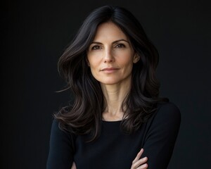 A woman with long dark hair and a serious expression.