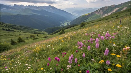 Fototapeta premium A tapestry of vibrant blooms blankets the Caucasus, viewed from above.