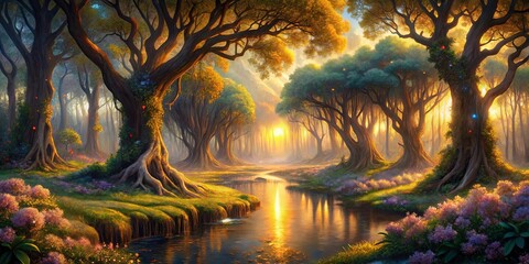A Serene Stream Meanders Through a Sunlit Grove, Illuminating the Ancient Trees with Golden Rays
