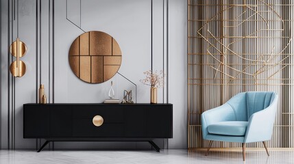 Chic entrance with black storage, blue chair, and bronze partition, perfect for modern homes.