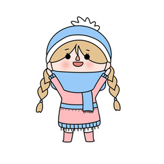 A girl in a pink dress with blue hair