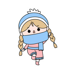 A cartoon girl wearing a blue hat and scarf is standing in the snow
