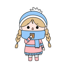 A girl in a pink dress is holding a cup of coffee and wearing a blue scarf