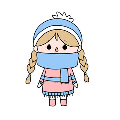 A girl in a blue hat and scarf is standing in the snow