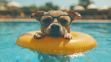 Animal Dog Swimming On Swimming Pool Wearing glasses and inflatable ring