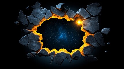 Broken Rock Wall Revealing Night Sky with Stars and a Distant Sun