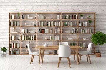 Modern study area with wooden bookshelves and a minimalist table and chairs in bright space