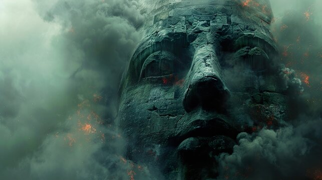 Ancient Sphinx Emerging from Smoke and Sand - A Mystical Architectural Wonder