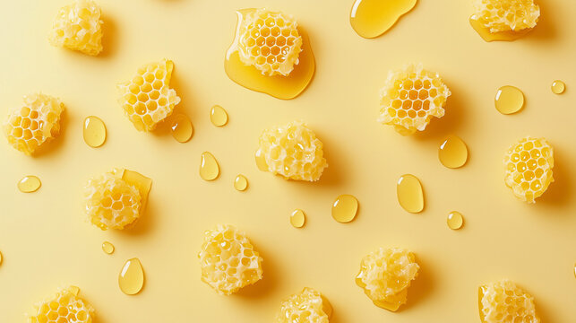 Honeycomb Pieces with Drizzling Honey on Yellow Background