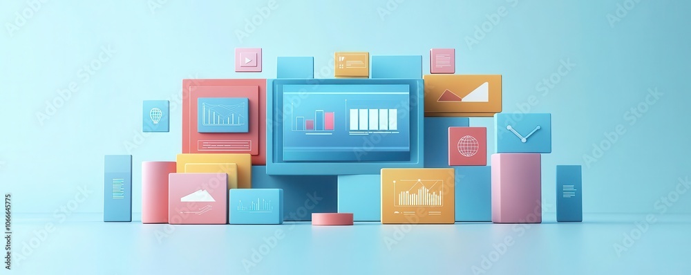 Poster a vibrant collection of colorful, abstract blocks and a display screen, symbolizing data analysis an