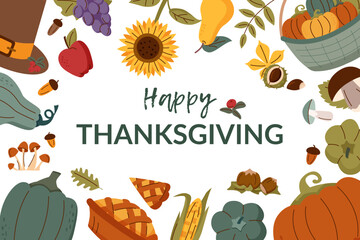 Thanksgiving and harvest banner. Thanksgiving background. Harvest background. Fruits, vegetables and plants around the greeting.