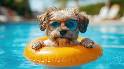 Animal Dog Swimming On Swimming Pool Wearing glasses and inflatable ring